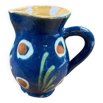 Petit pichet en céramique bleue décor floral peint main vintage