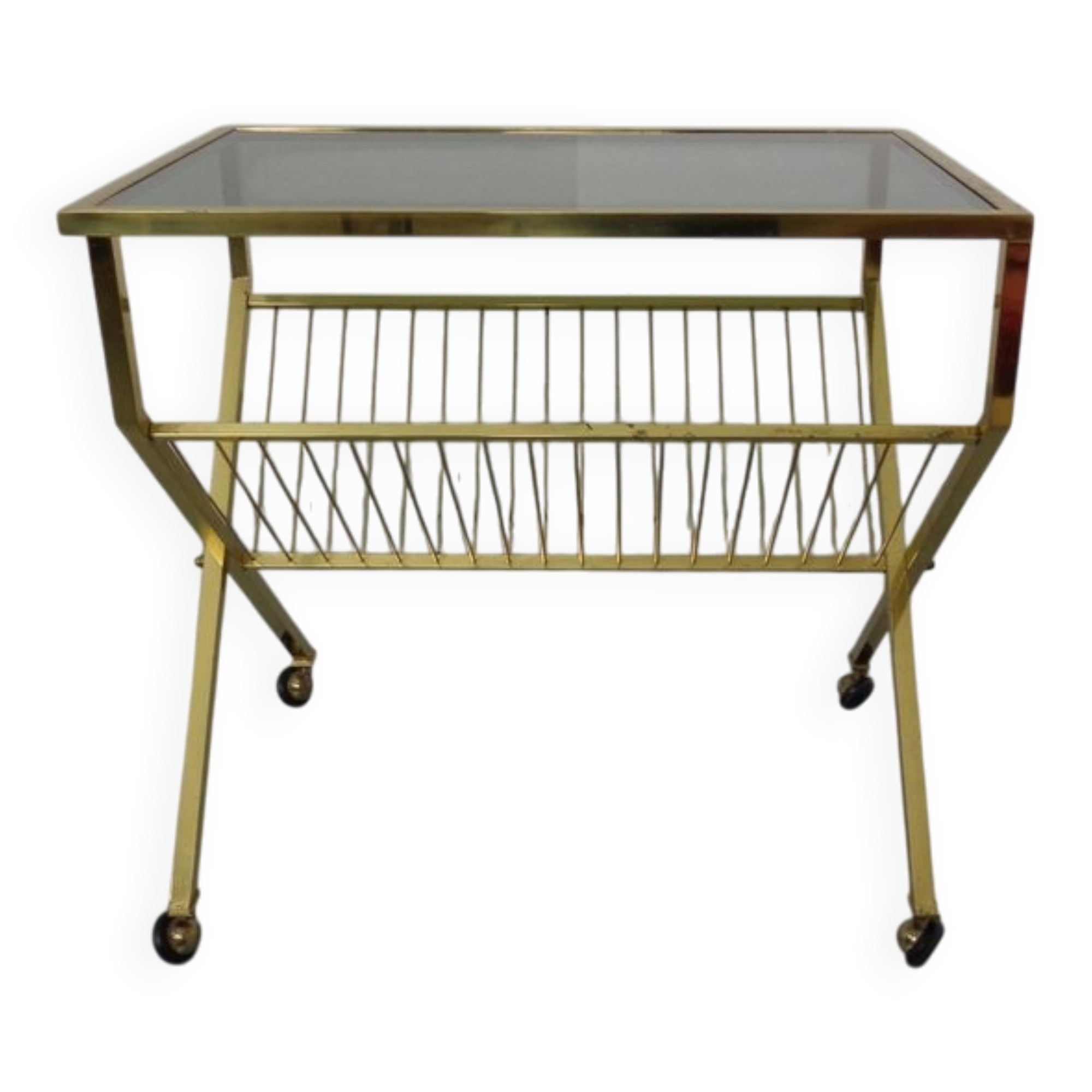 French brass and glass cart with magazine rack, 1960s