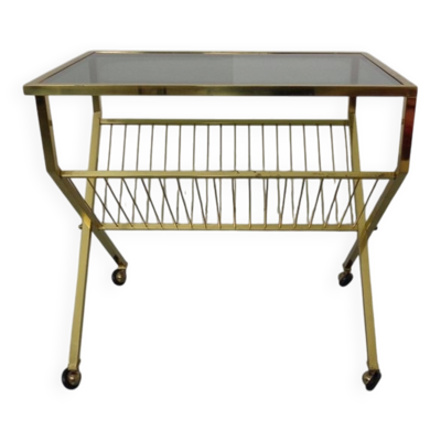 French Brass & Glass Cart with Magazine Rack, 1960s