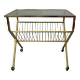 French brass and glass cart with magazine rack, 1960s