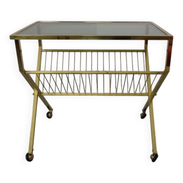 French brass and glass cart with magazine rack, 1960s