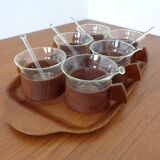 Swedish teak tray with tea cups by Jie Gantofta, 1960s, set of 7.
