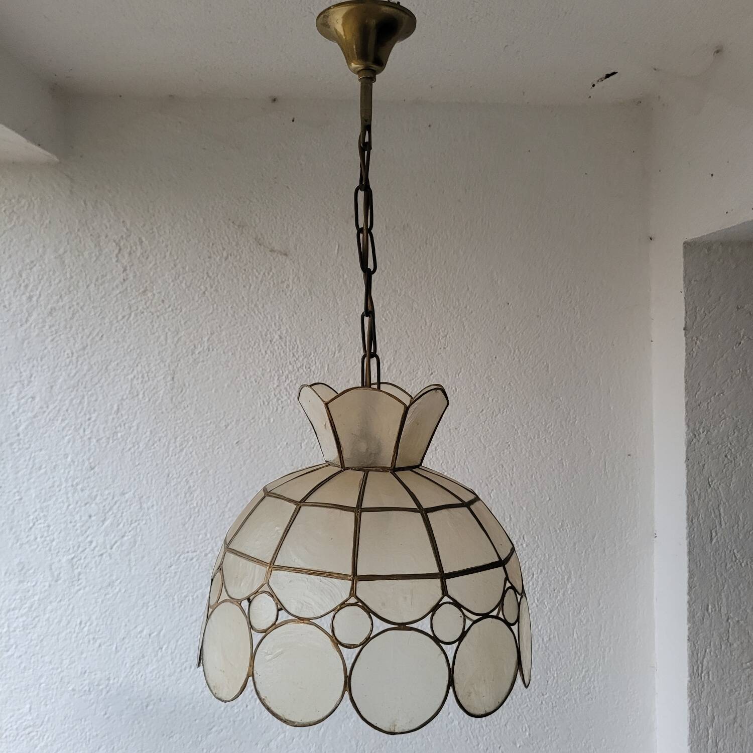 Capiz & Brass Mother-of-Pearl Pendant - Vintage 1970