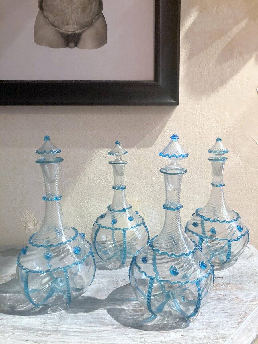 18th Century Italian Murano Clear Glass and Blue Trimmed Blown Glass Bottle