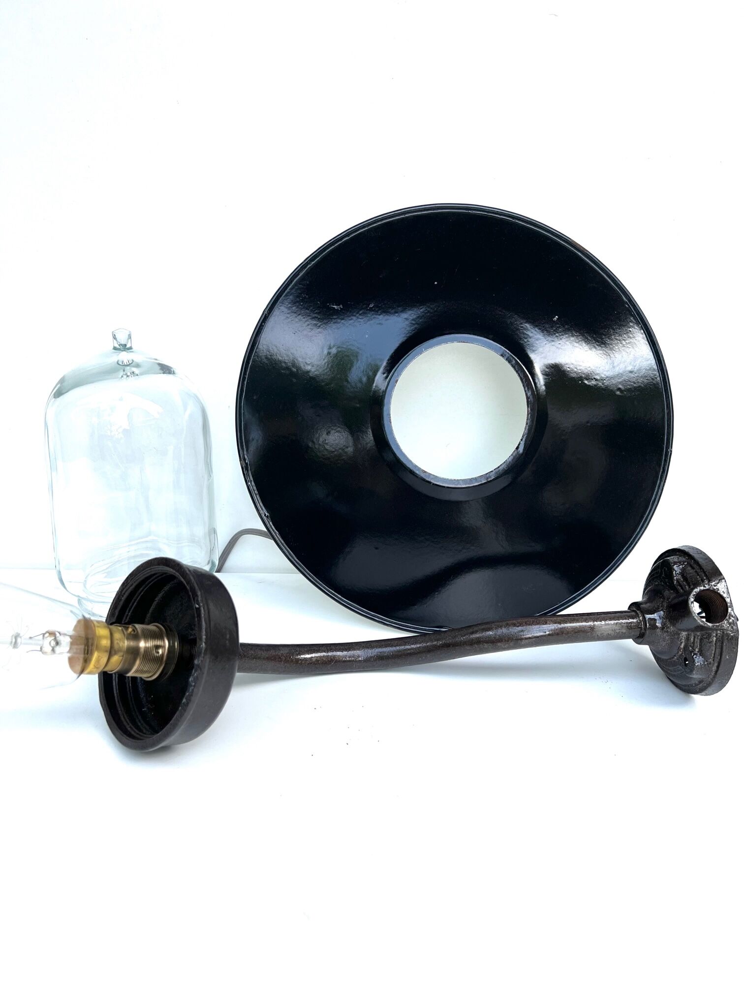 Applique 1930 lampe col de cygne en fonte d'acier patine noir brun email noir