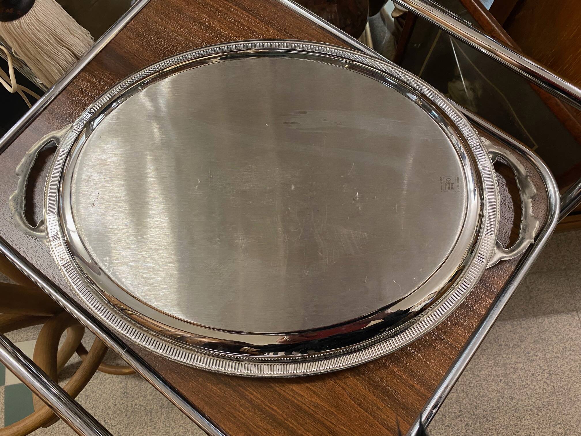 Large jean couzon stainless steel serving tray with fish decor handles