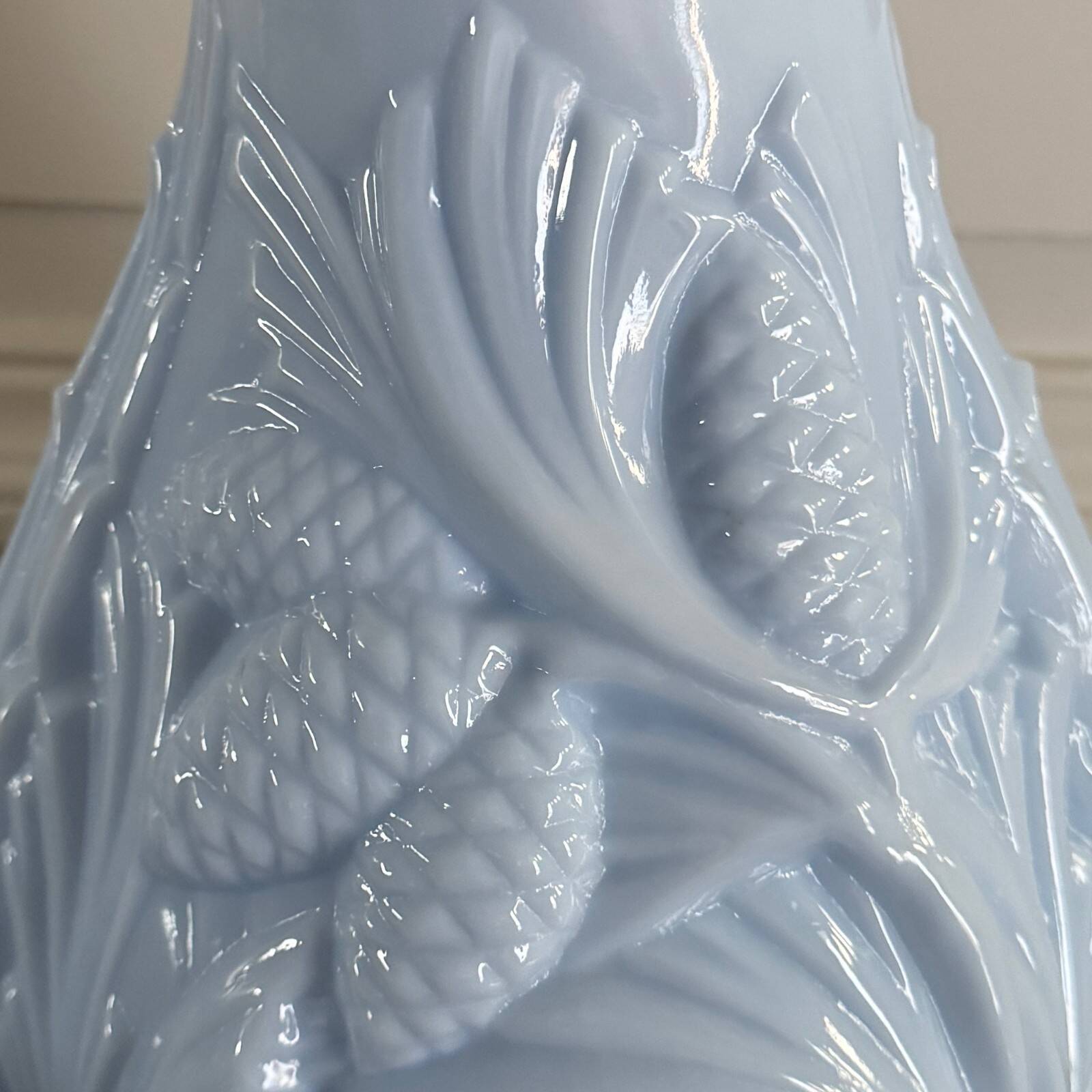 Blue opaline vase decorated with foliage and pine cones, 1930
