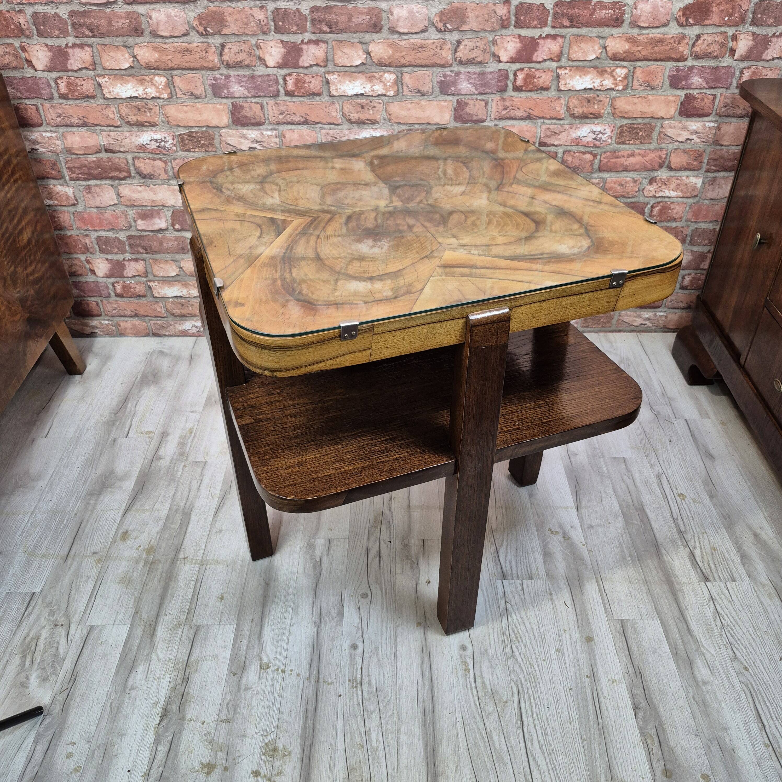 Restored Art Deco Walnut and Oak Side Table with Original Glass 1930s