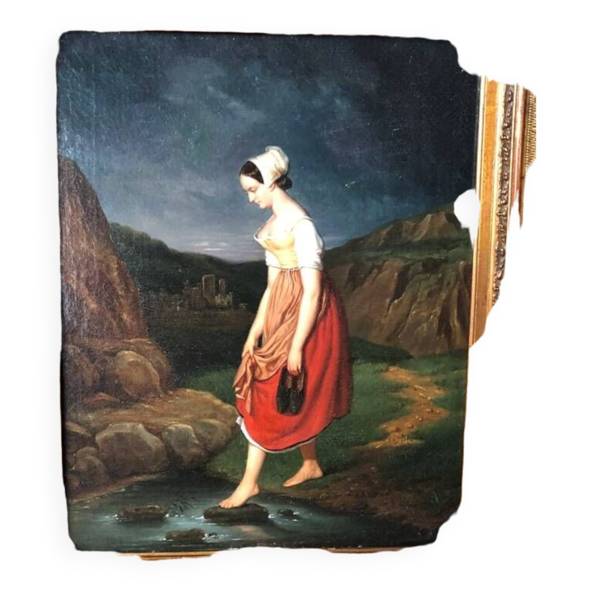 Oil on canvas 19th century "Breton woman crossing a stream"