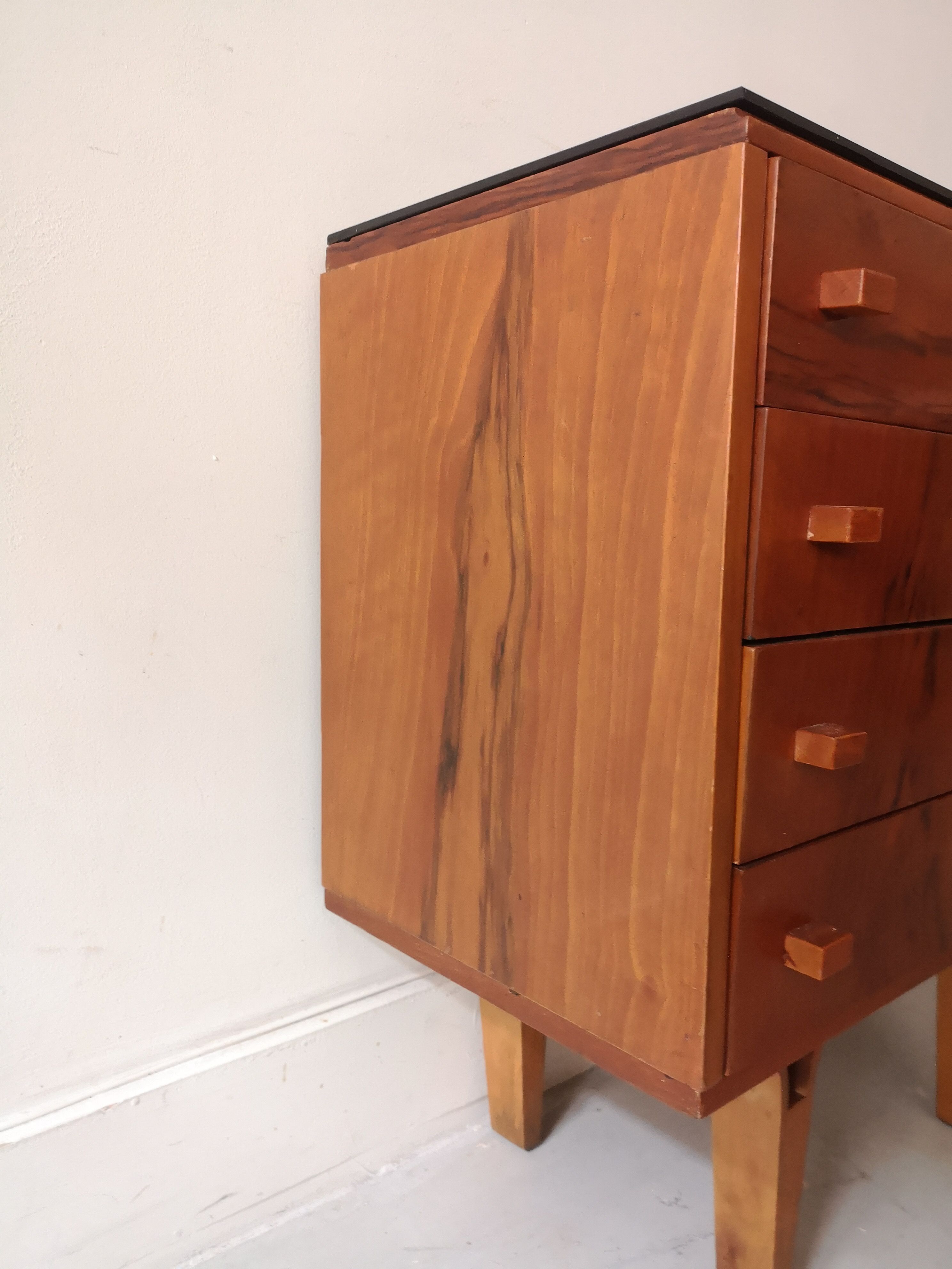 Chest of drawers in rosewood and vintage mid-century black glass, czechoslovakia 1970
