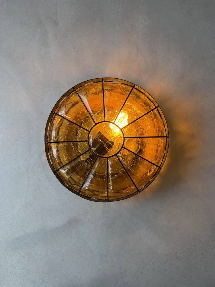 Vintage ceiling lamp amber crackle glass 1970s
