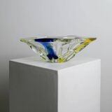 Large Murano Glass Bowl in Clear with Blue & Yellow Swirls – Oval Vintage Italian Design (1970s)