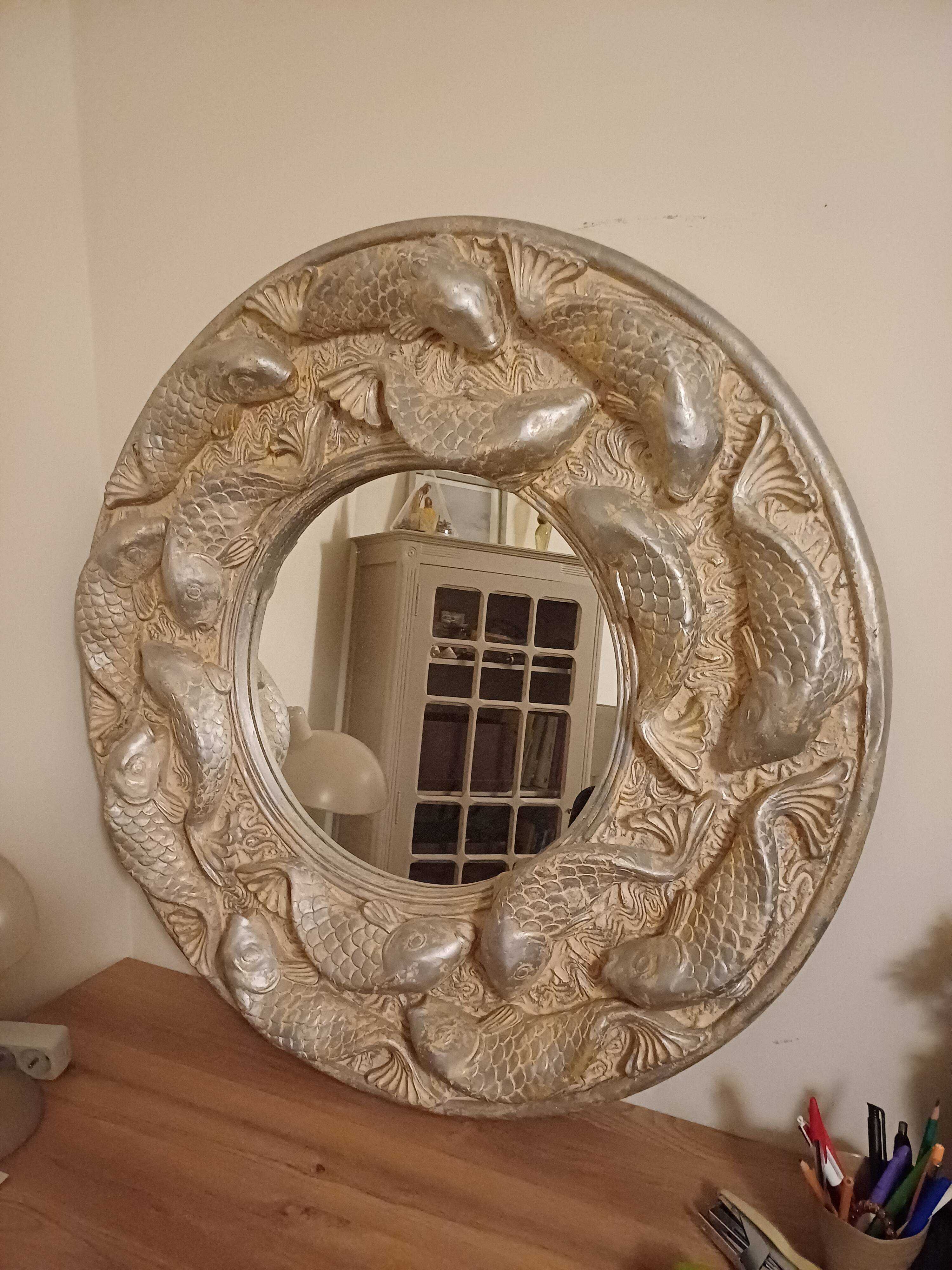 Wall-mounted mirror with silver fish by Alan Wallis Designs from the 1980s.