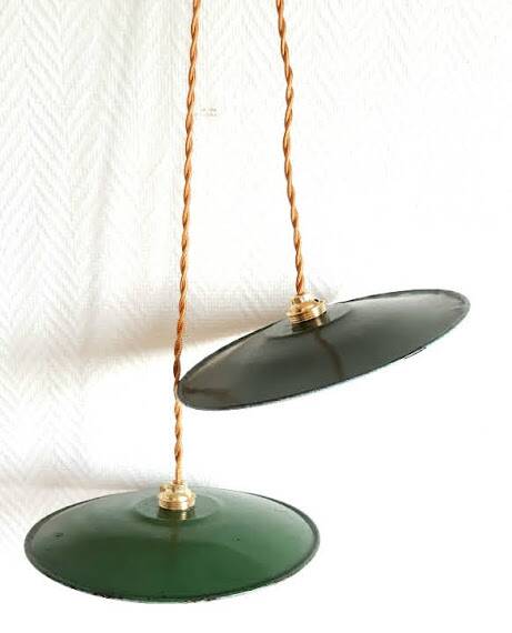 Pair of industrial enameled sheet metal pendant lights