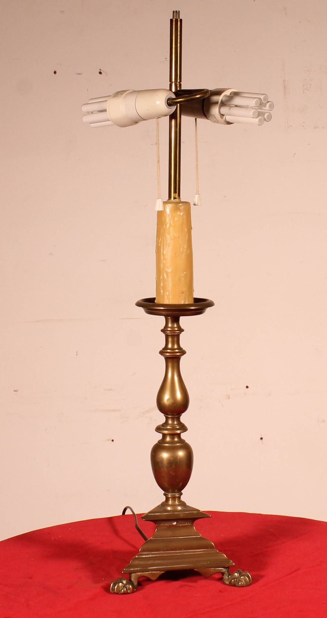 17th Century Bronze Candle Holder Mounted As A Lamp With Its Parchment Lamp
