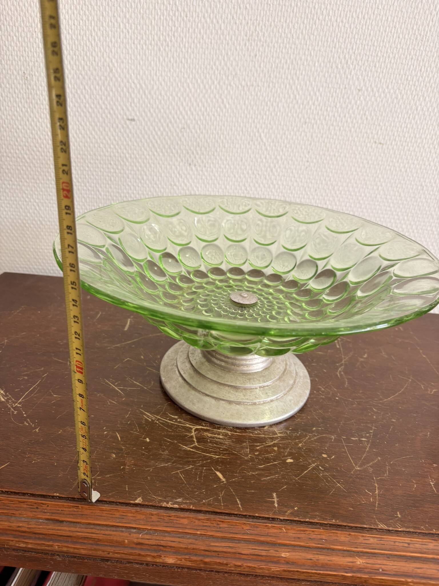 Art Deco Green Moulded Glass Coupe Centre Table with Metal Space Age Base