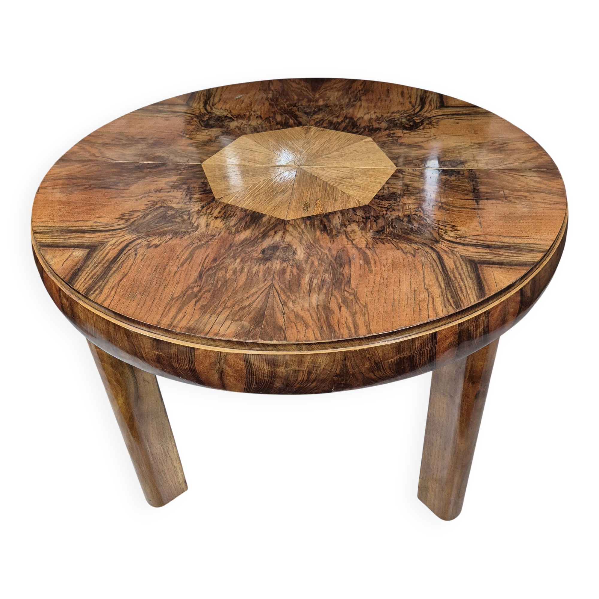 Authentic Art Deco Burl Walnut Round Extending Dining Table 1930s