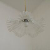 Vintage French Art Deco White Opaque Glass Pendant Light Clear Frilled Edge
