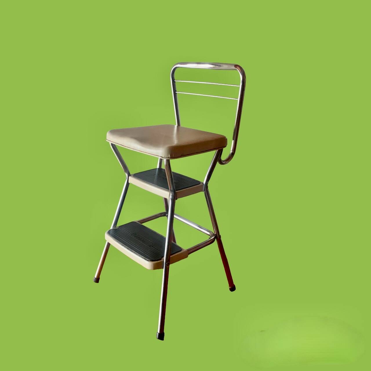 Vintage cosco step stool chair in chrome steel and white skai