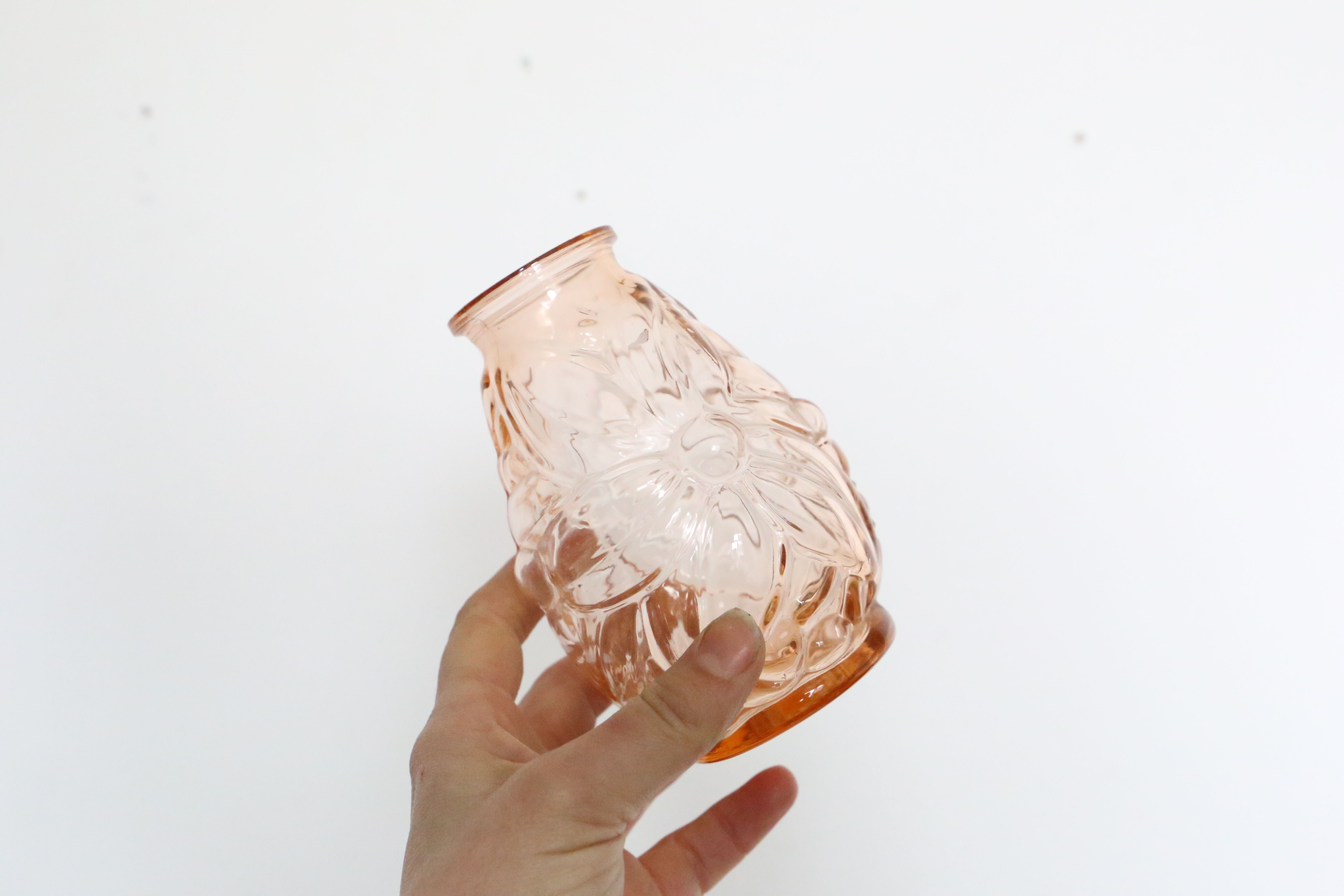 Old pink glass vase, molded glass, vintage French