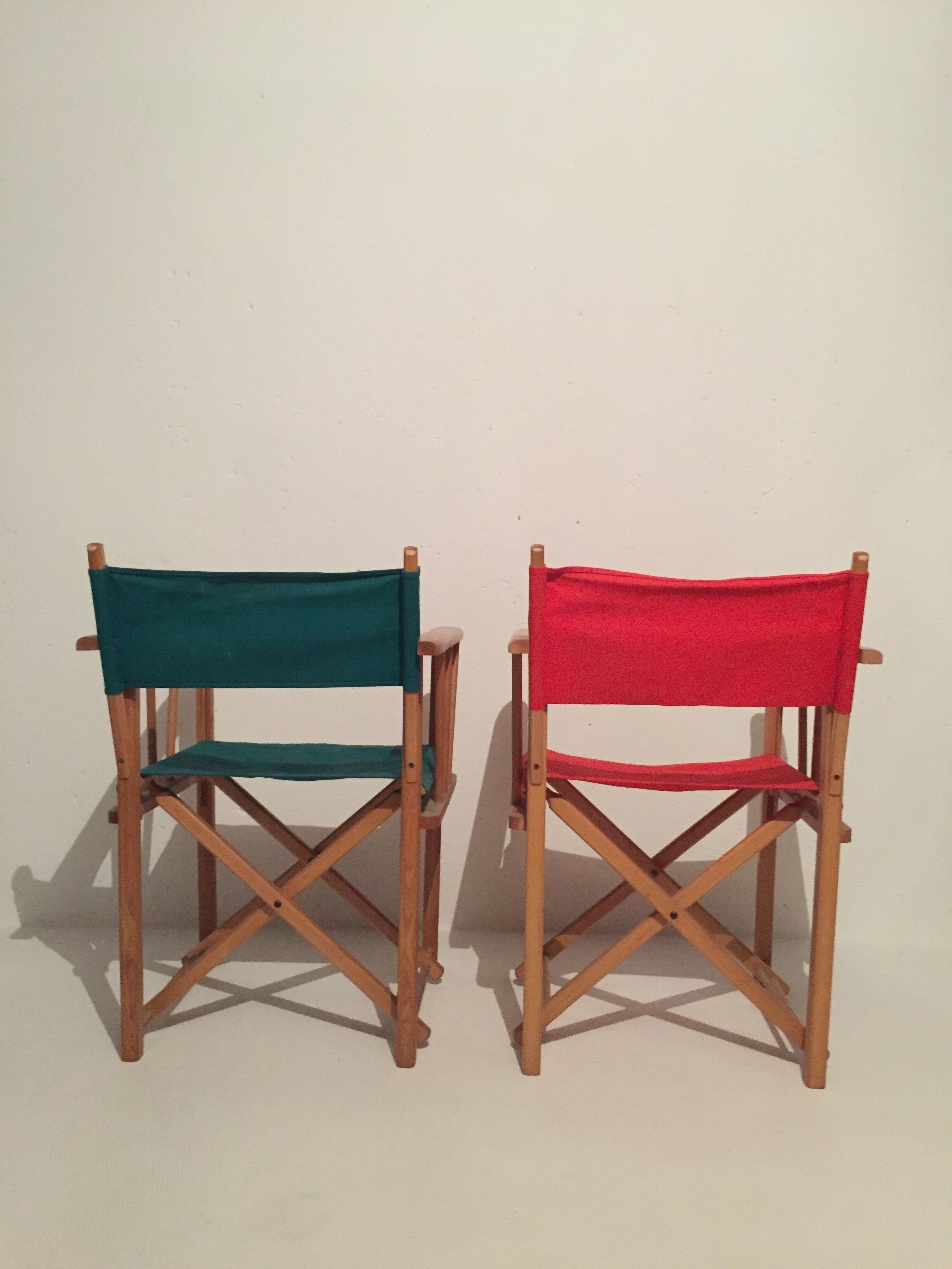 Pair of folding chairs in wood and vintage canvas, 1970s