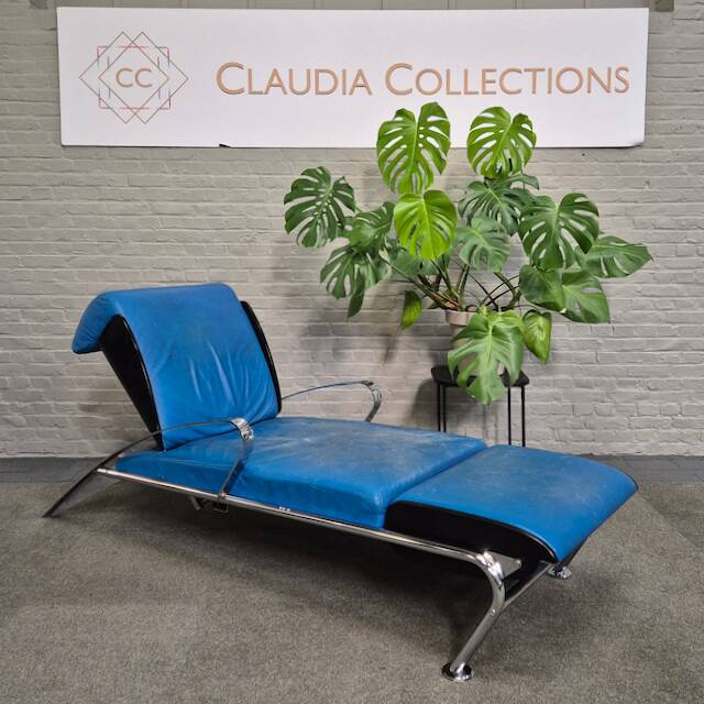 Blue leather lounge chair futuro 3 by massimo iosa ghini for moroso - italy 1980's