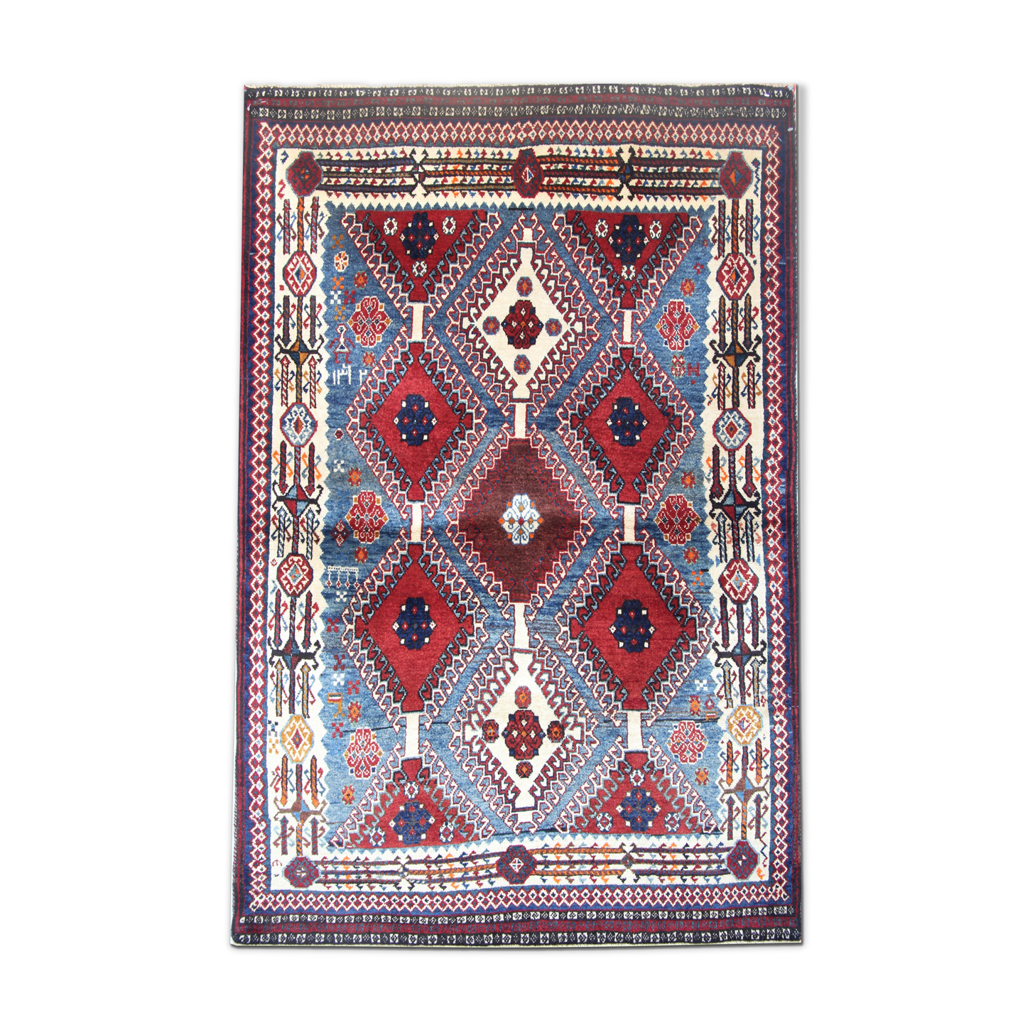 Handmade oriental persian area rug traditional wool blue red carpet- 110x155cm