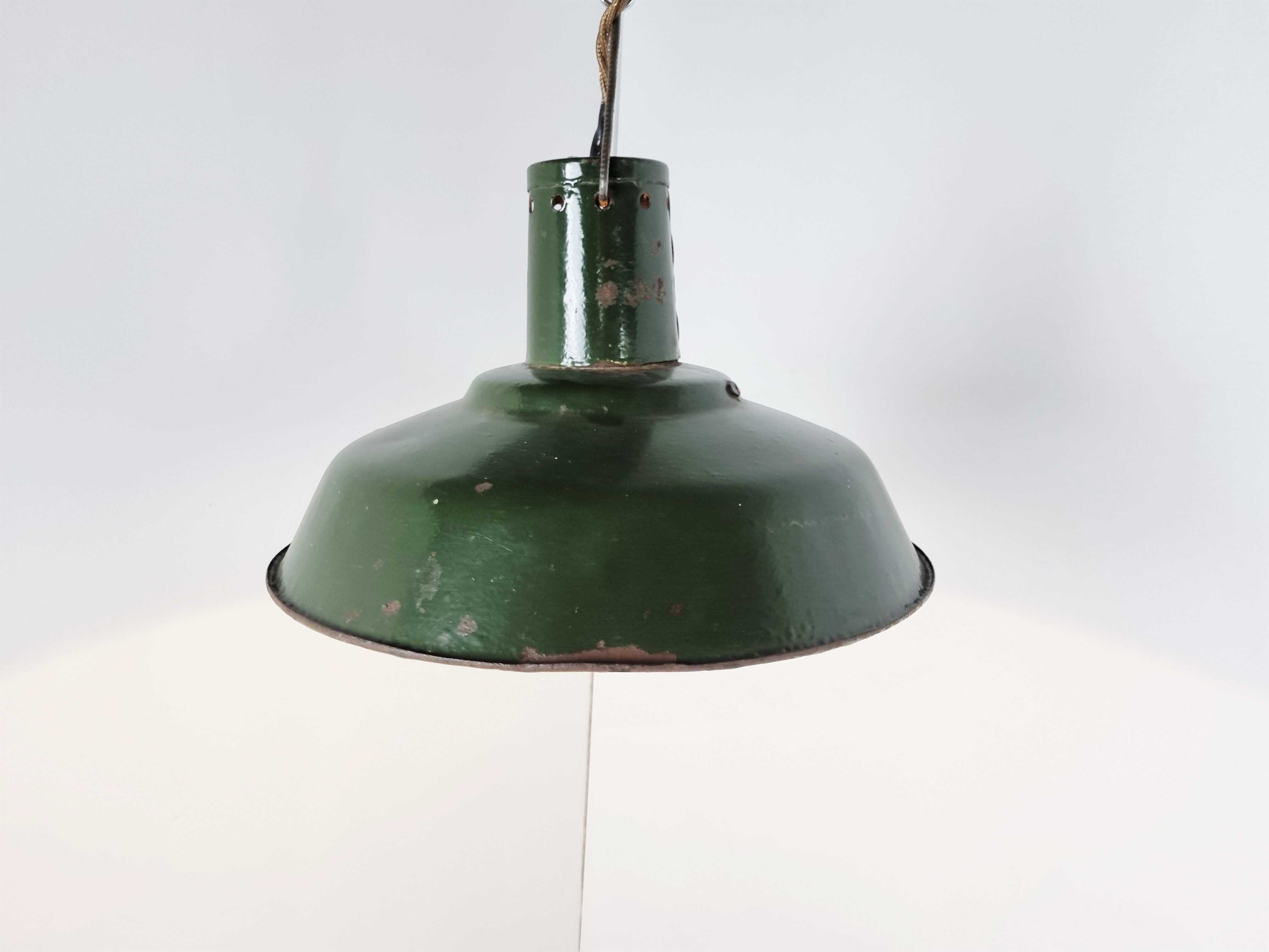 Vintage dark green enamel industrial pendant lights, 1960s