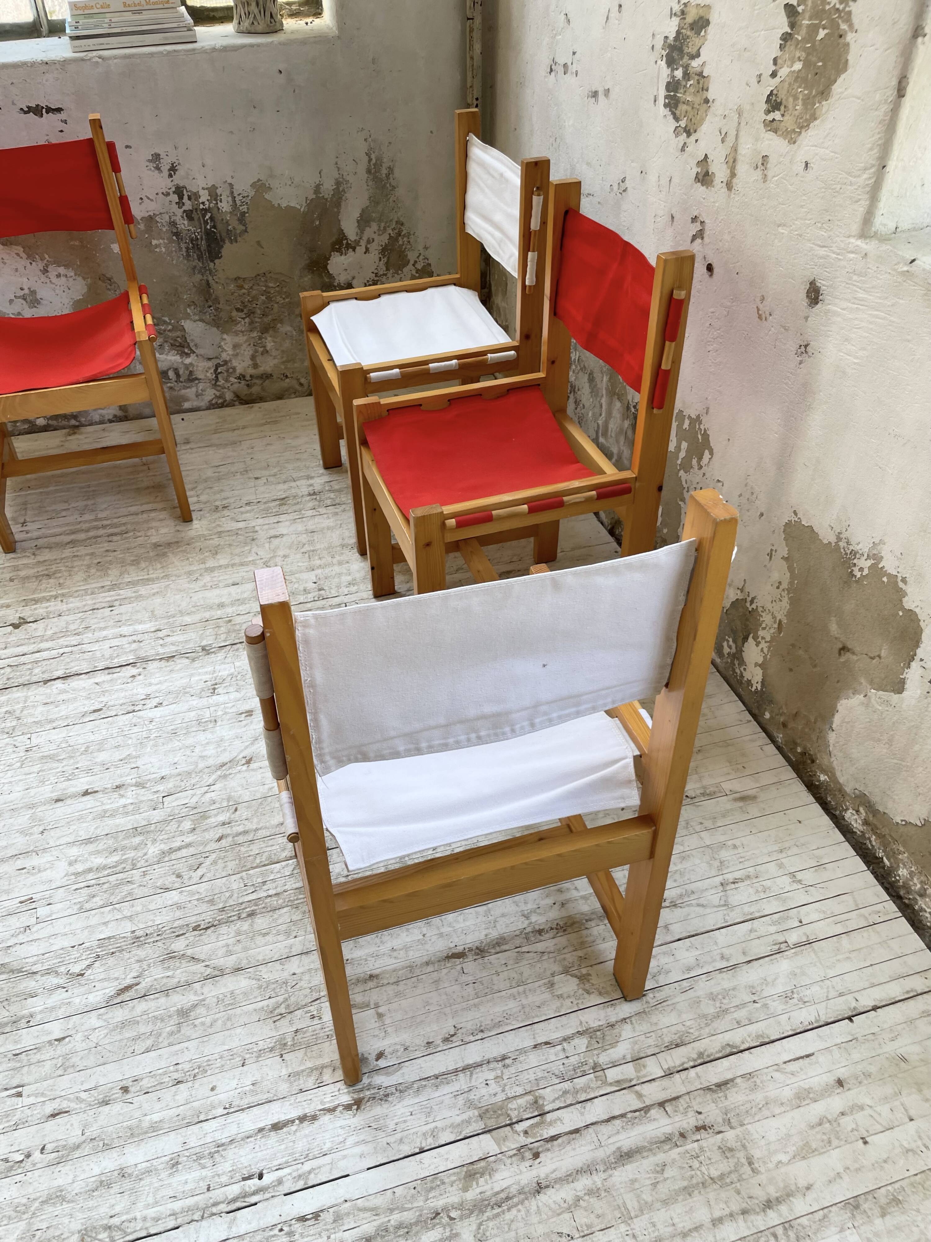 Set of 4 80s colored pine chairs