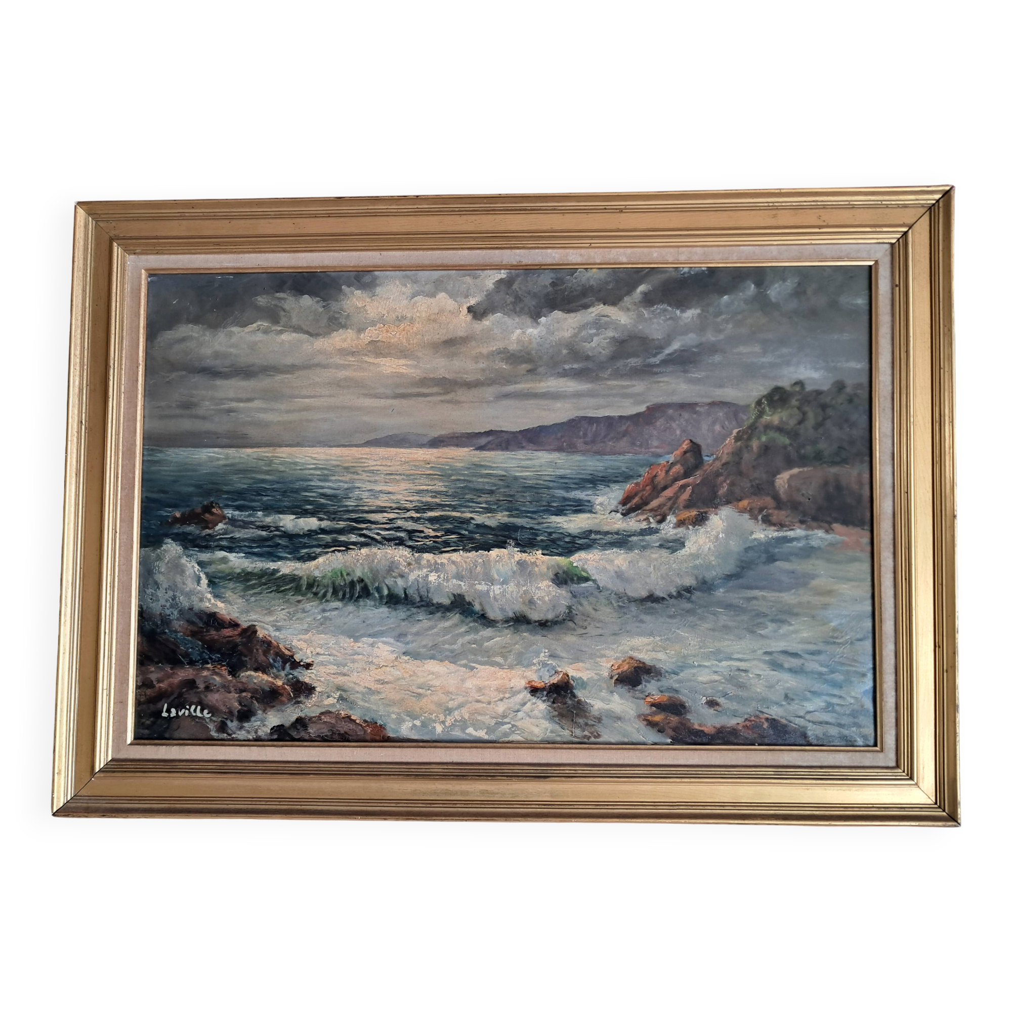 Large old oil painting on canvas depicting a seaside.