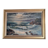Grand tableau ancien à l'huile sur toile représentant un bord de mer