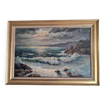 Large old oil painting on canvas depicting a seaside.