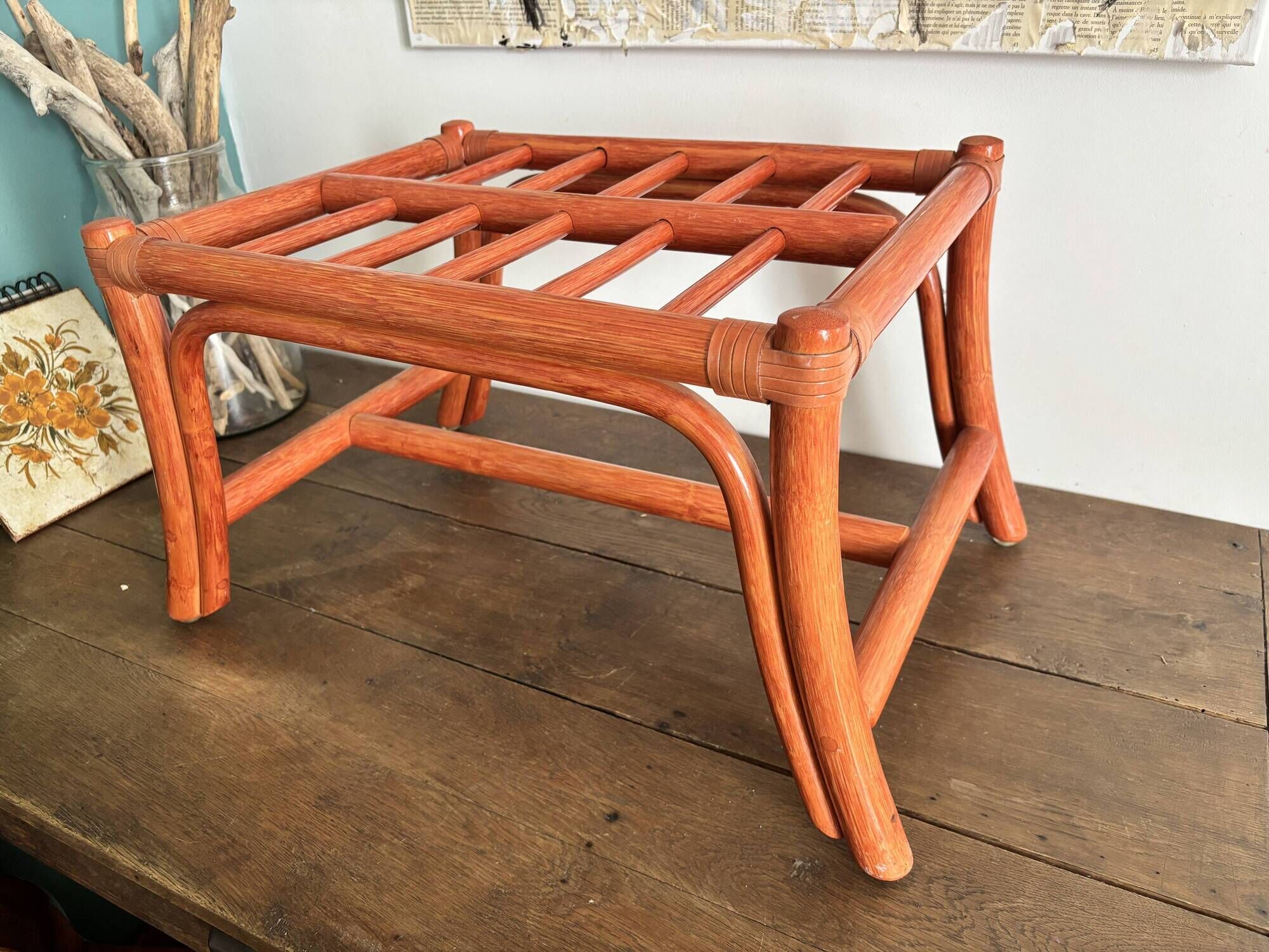 Vintage bamboo and curved rattan luggage rack