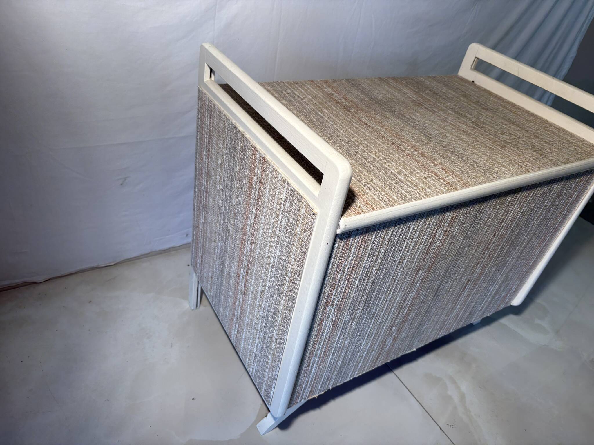 Vintage upholstered chest, white lacquered wooden structure, 1960s-70s