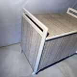 Vintage upholstered chest, white lacquered wooden structure, 1960s-70s