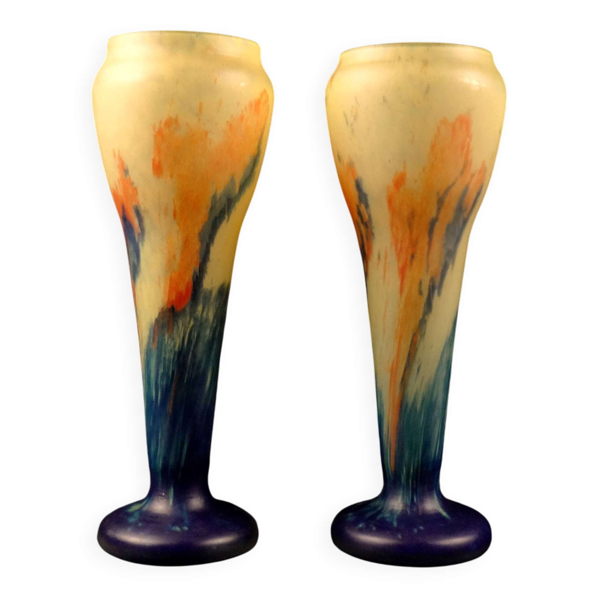 Paire de vase Art Déco en verre multicouche effet marmoréen abstrait coloré