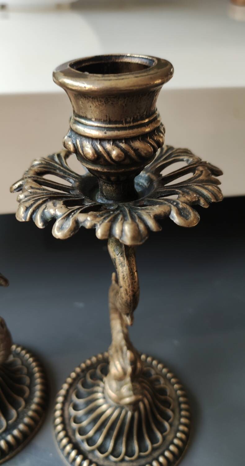 Pair of Art Nouveau style Koi Carp Candlesticks. In old gold patinated bronze.