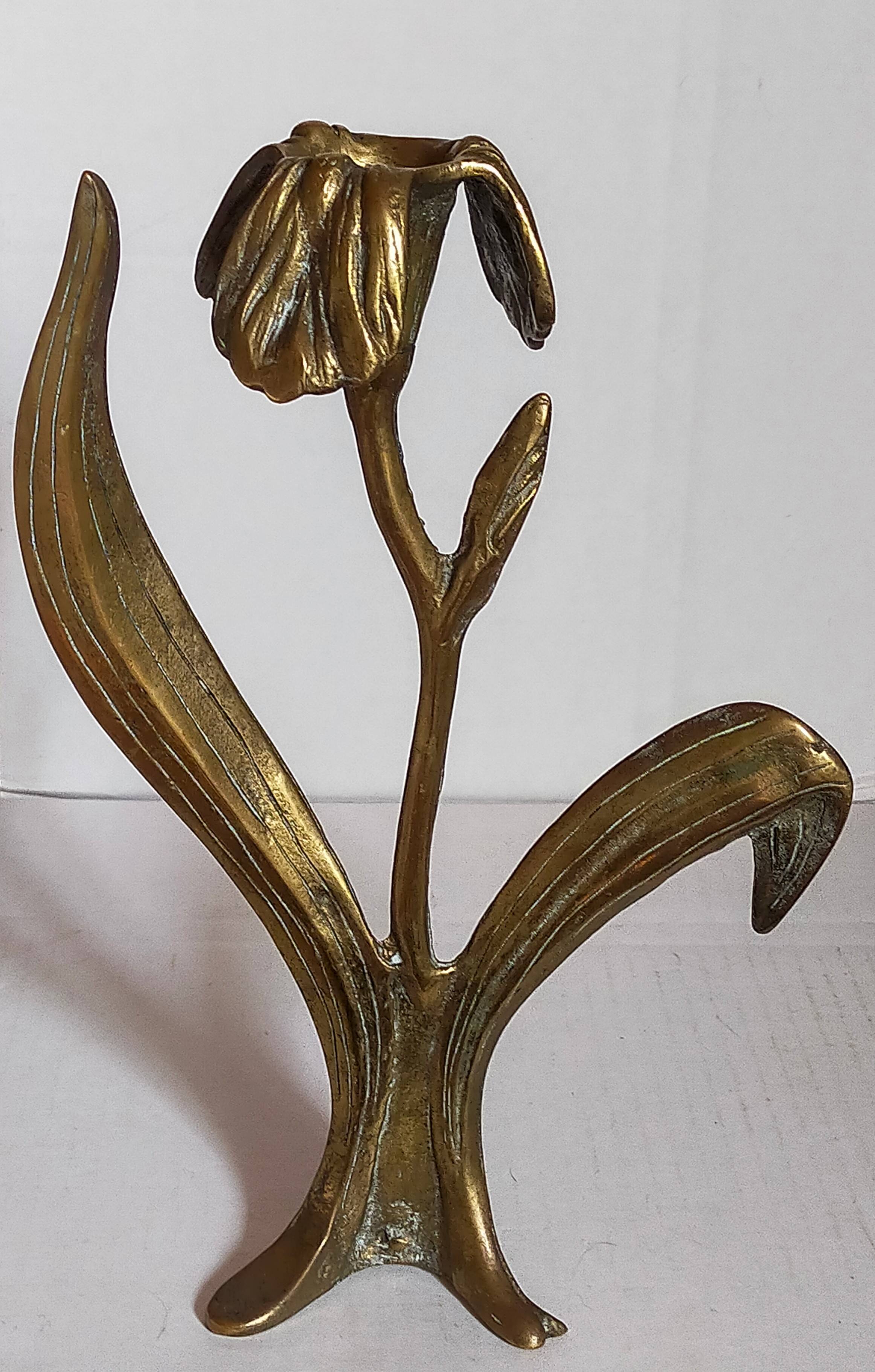 Old iris flower candle holder in solid brass