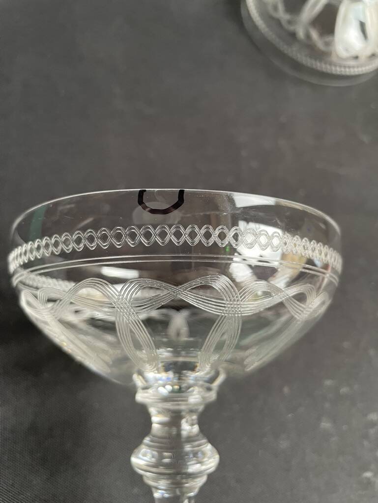 6 guilloché crystal champagne glasses – Art Nouveau