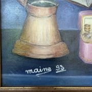 Vintage still life with flowers and objects – Canvas painting signed Maine