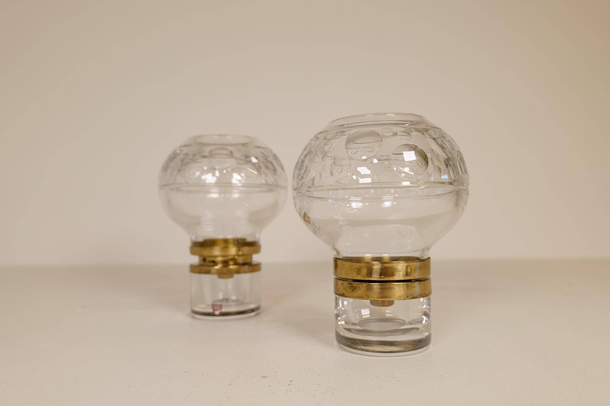 Pair of solid clear crystal candlesticks in modern Scandinavian style Orrefors Sweden