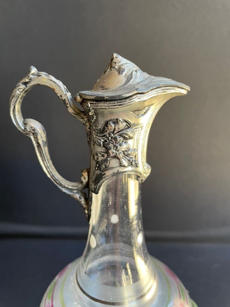 Liquor service Art Nouveau 1/2 Enamelled colored crystal with silver metal frame