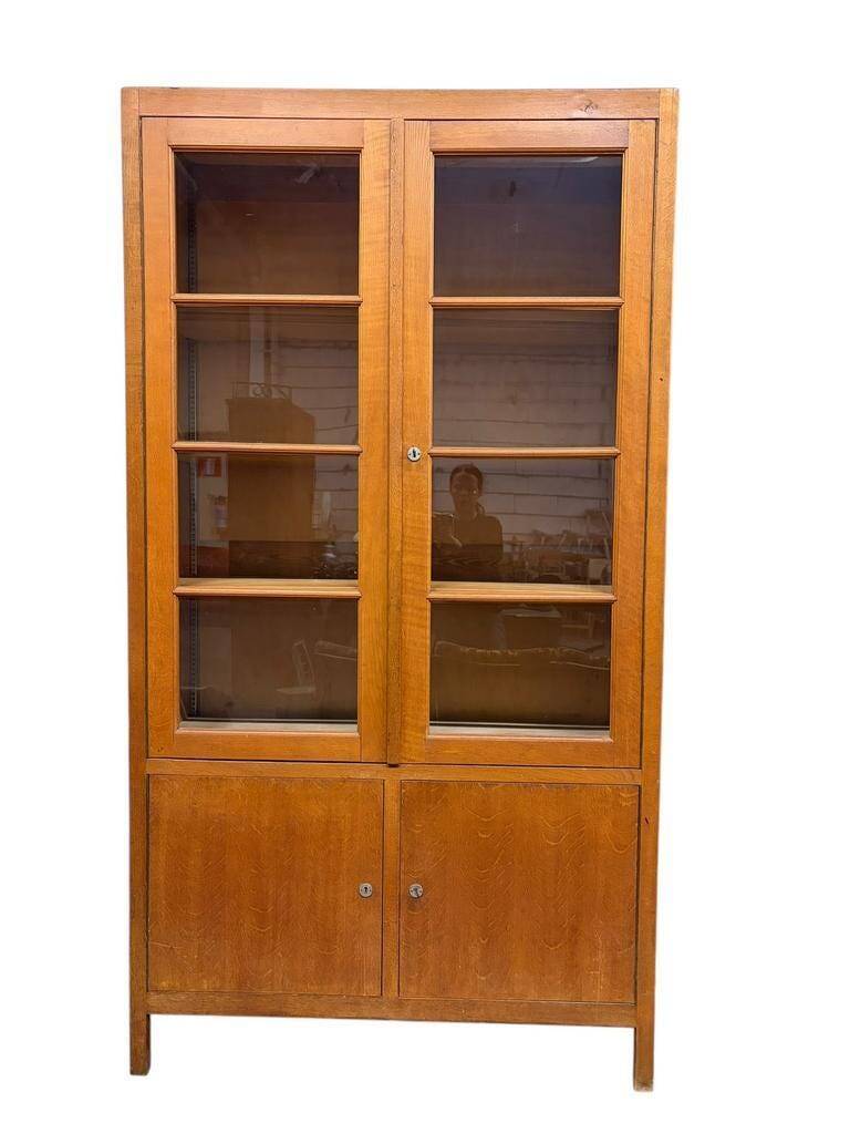 XL vintage display cabinet high in wood / cupboard / laboratory cupboard