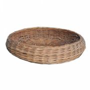Vintage brown wicker round basket from the 1940s, woven flat, diameter 37 cm.