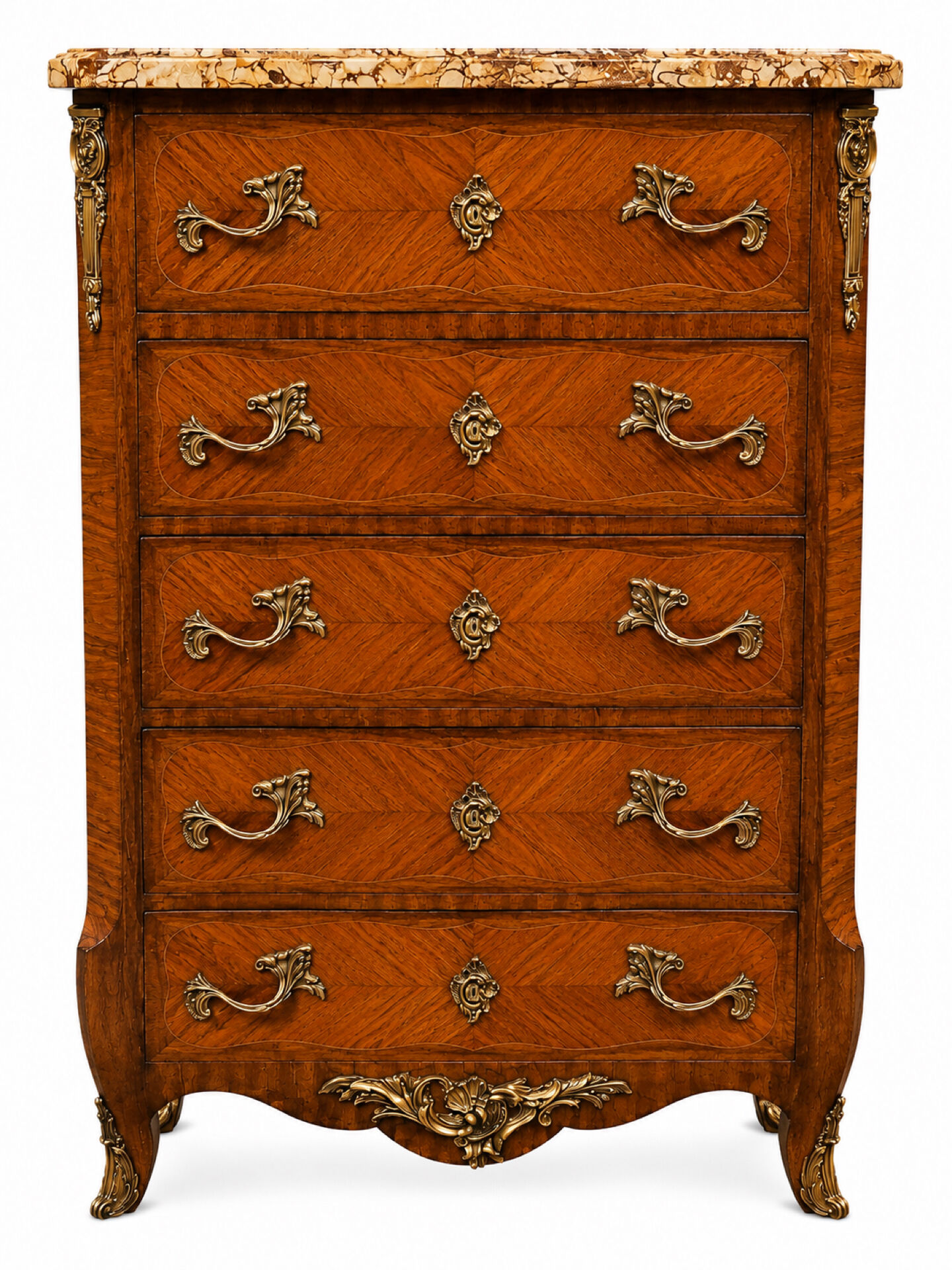 Louis XV style chest of drawers, Rosewood veneer and marquetry.