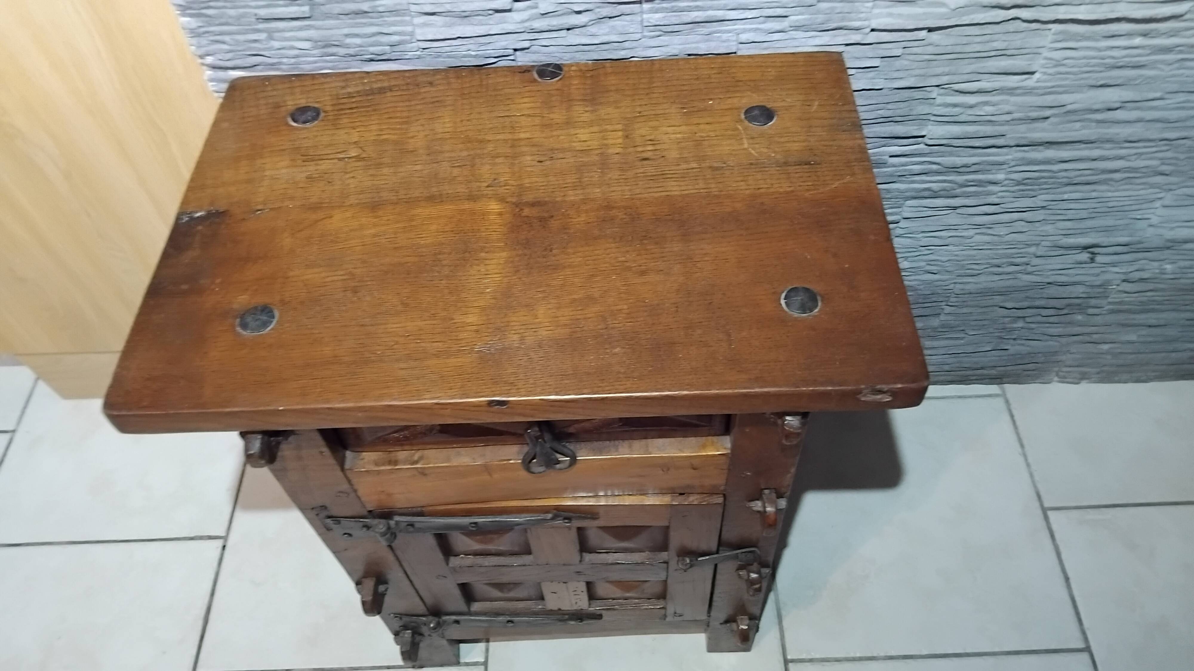 Small vintage brutalist solid oak jam cupboard with wrought iron trim