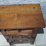 Small vintage brutalist solid oak jam cupboard with wrought iron trim