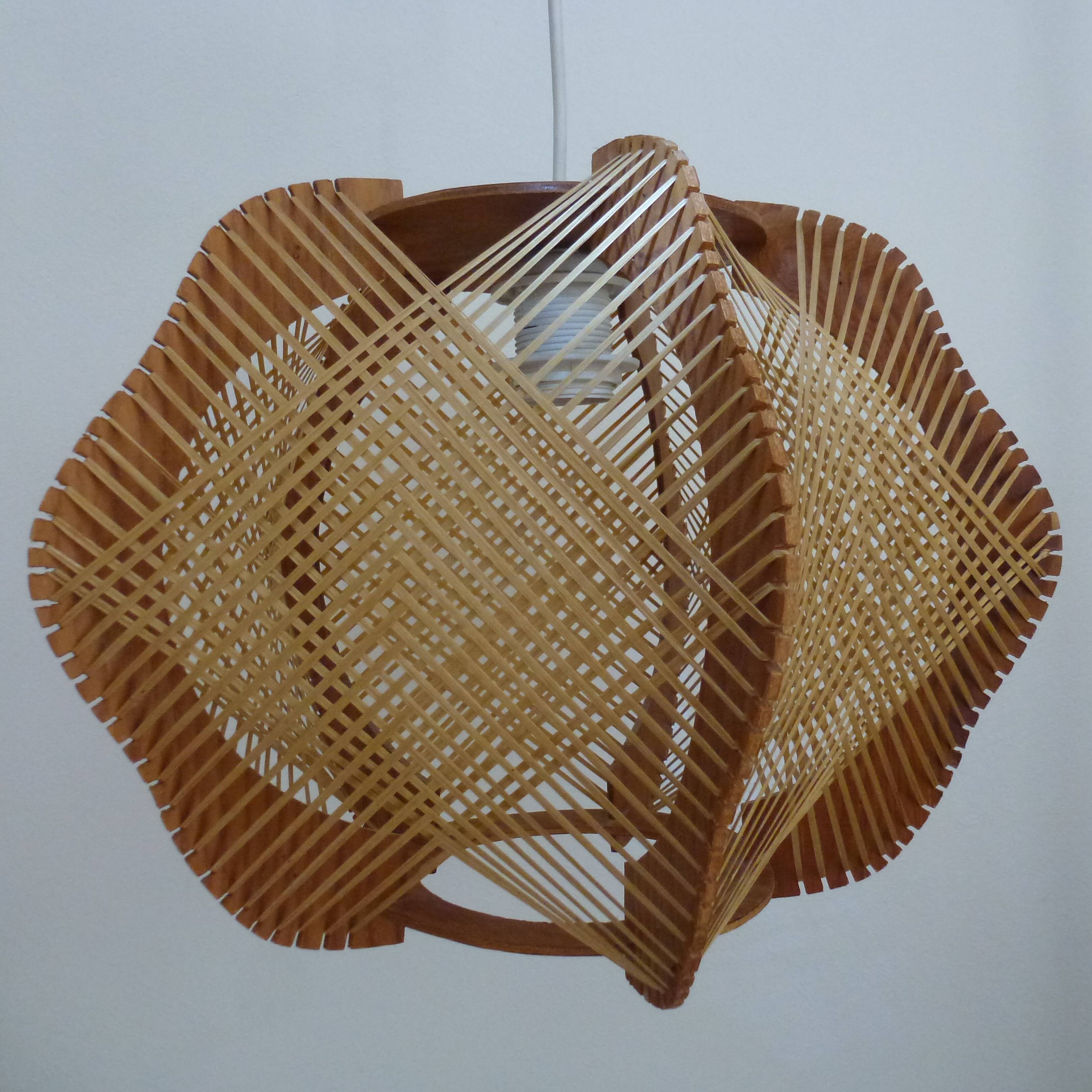 Vintage Scandinavian Pendant Lamp in Wood and Stretched Wires 1960s