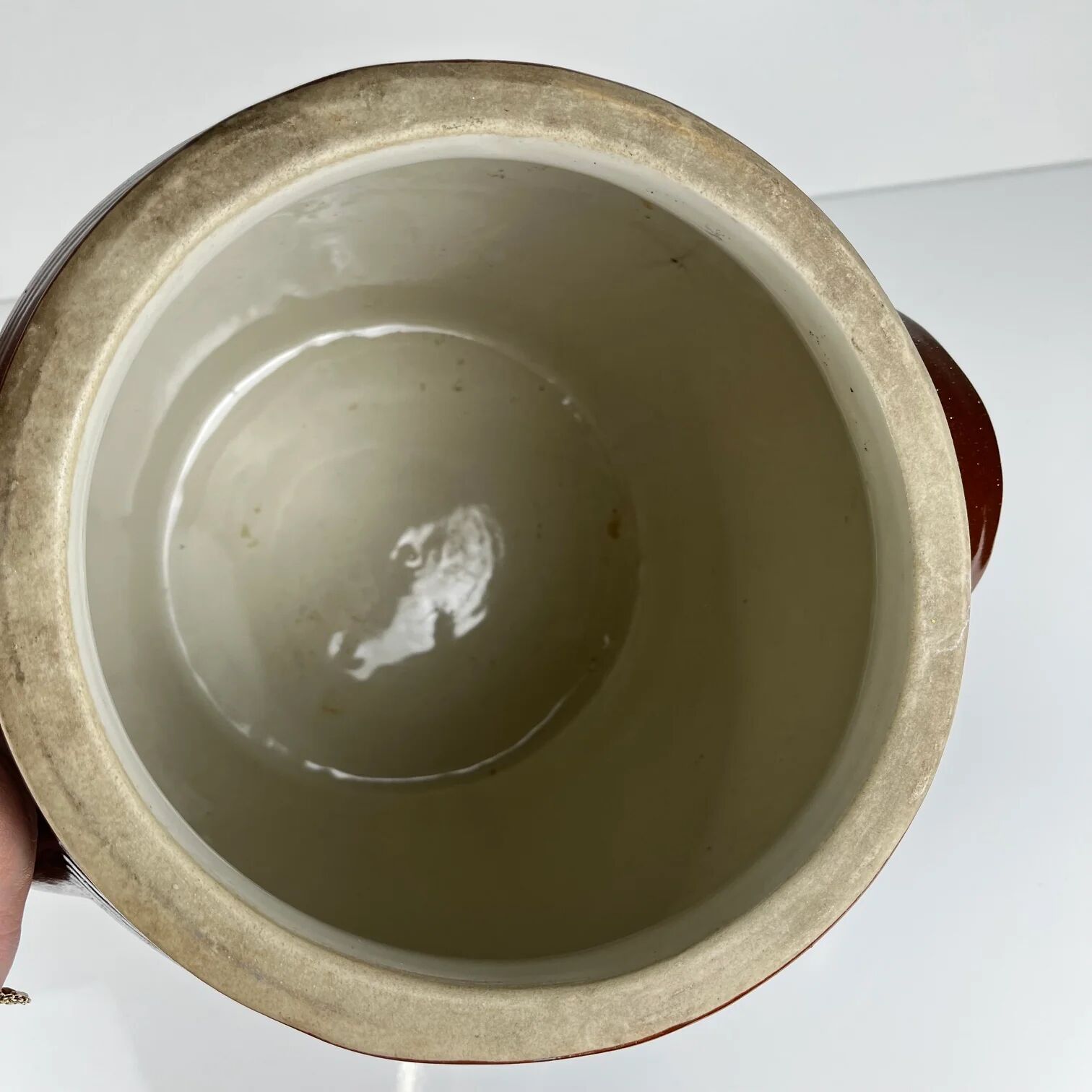 Large confit/grease pot, antique stoneware, brown colour, 1900.