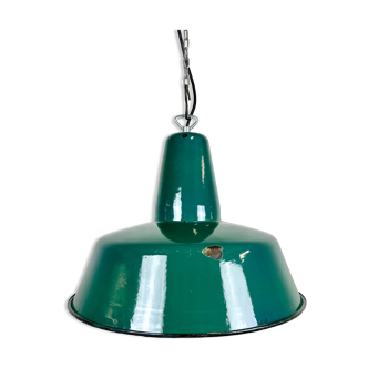 Lampe industrielle d’usine en émail vert années 1960